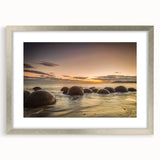 Textured abstract art print of Otago, New Zealand in muted earth tones, framed in silver, ideal for bedroom art.