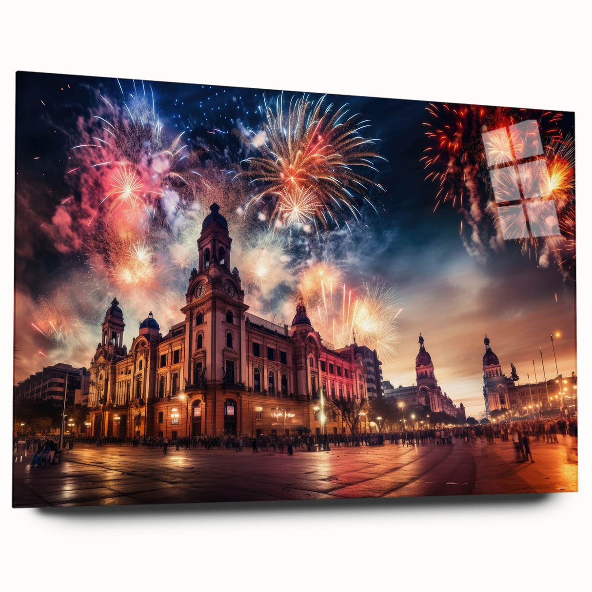 Large abstract wall art depicting a vibrant Buenos Aires cityscape on acrylic glass.