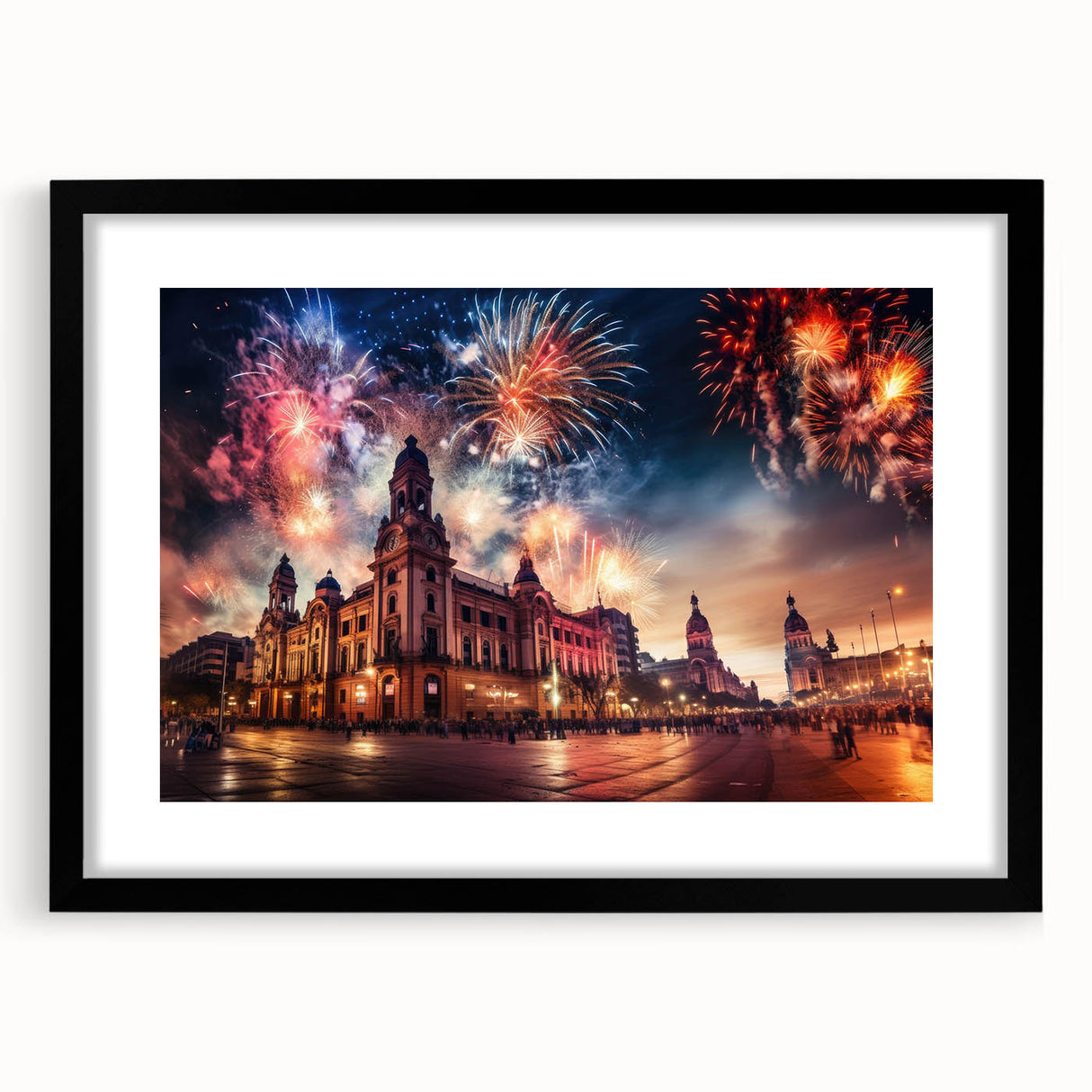 Abstract art print featuring a colorful, textured depiction of Buenos Aires, in a black frame with mat.