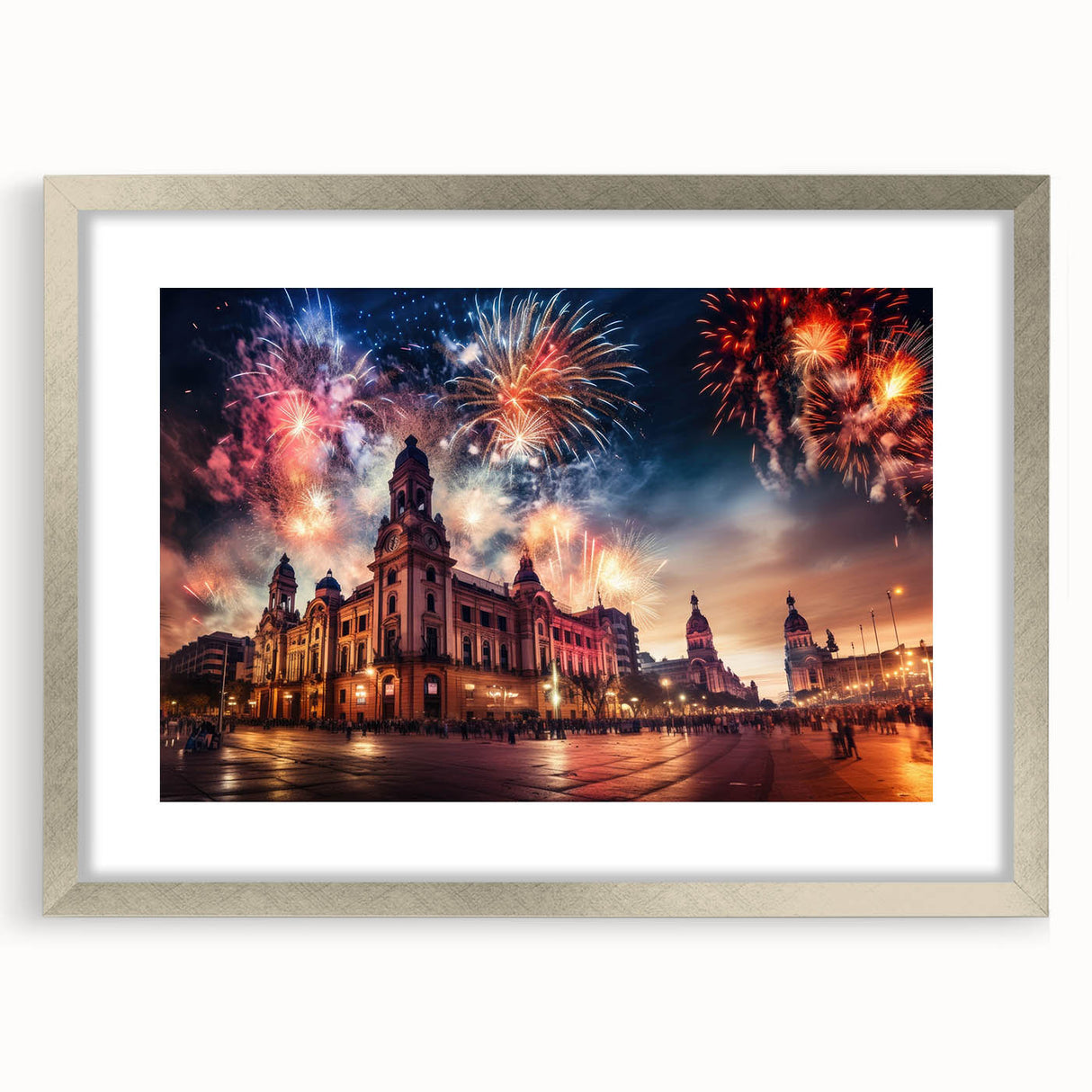 Textured abstract art print of Buenos Aires with muted earth tones on a framed silver mat, suitable for bedroom decor.