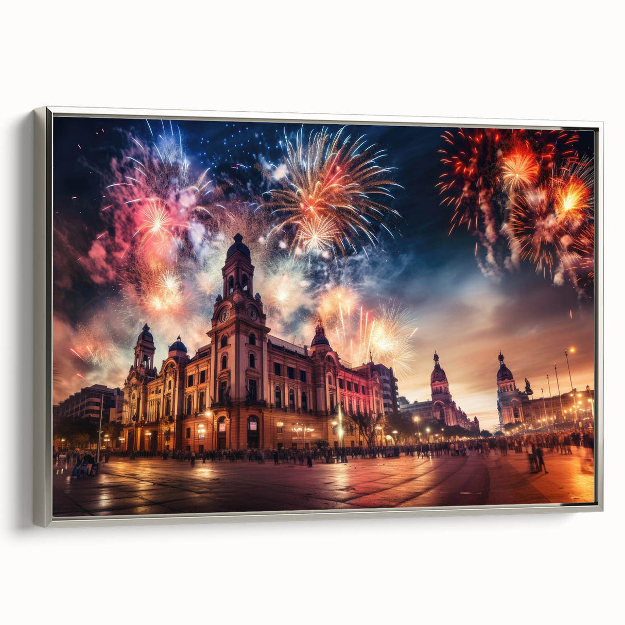 Landscape art painting of Buenos Aires skyline, colorful palette on silver-framed canvas, suited for living room decor.
