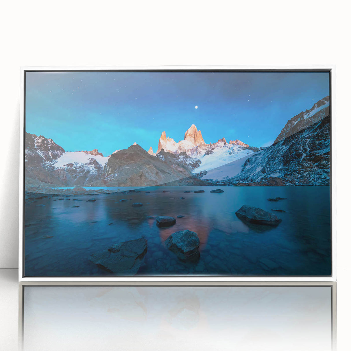 Art deco poster of a South American scenery in Argentina, framed in white acrylic, suitable for modern nursery decor.