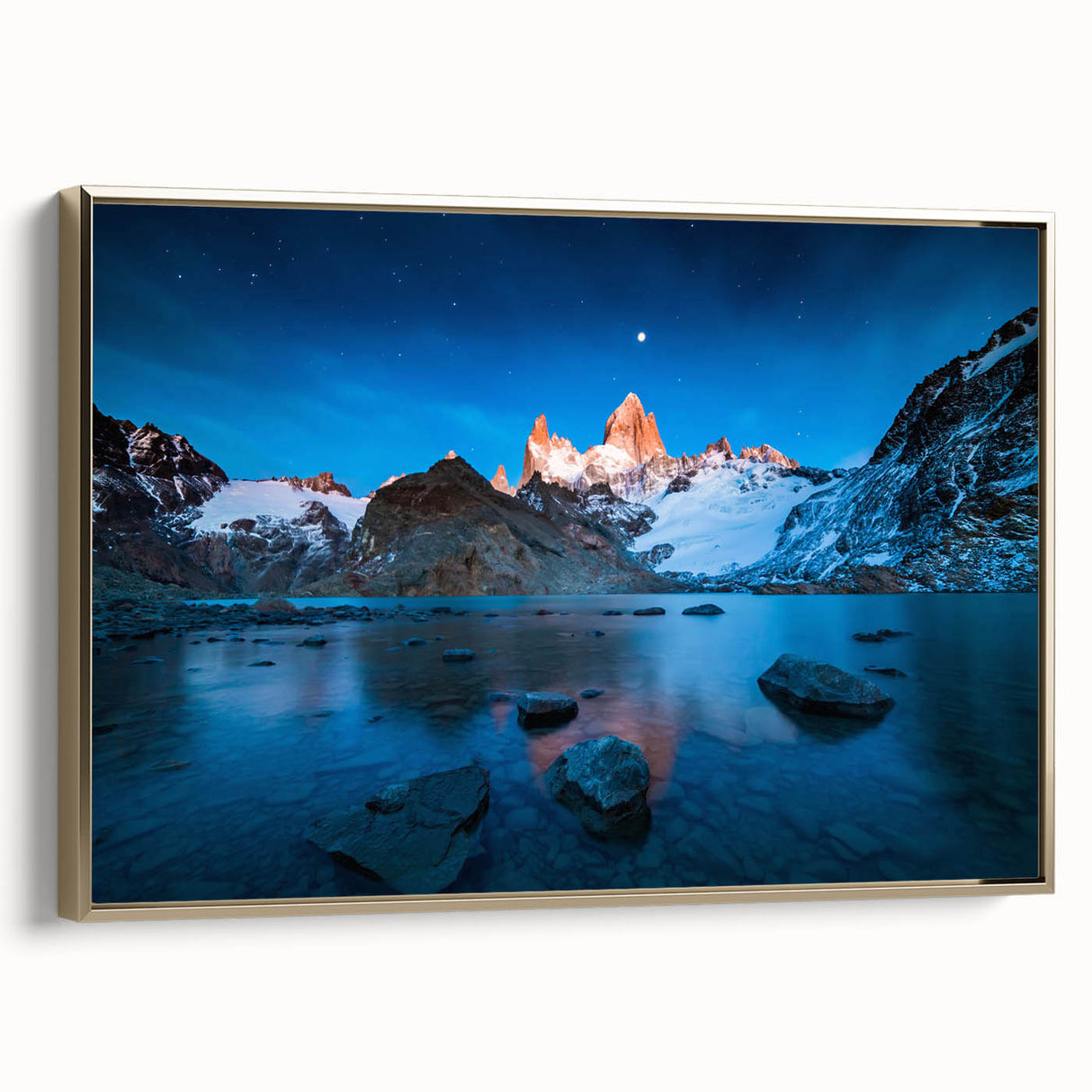 Framed canvas featuring a vintage-style landscape of an Argentinian scenery in muted gold and black.