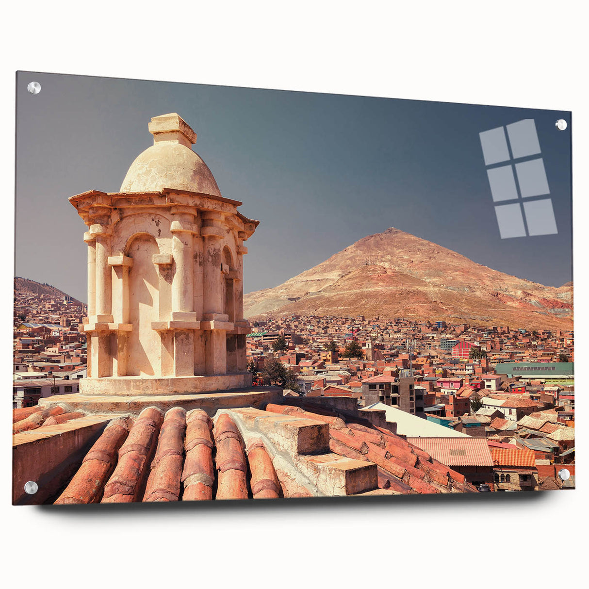 Acrylic print of a large abstract depiction of the Bolivian landscape in earthy tones.