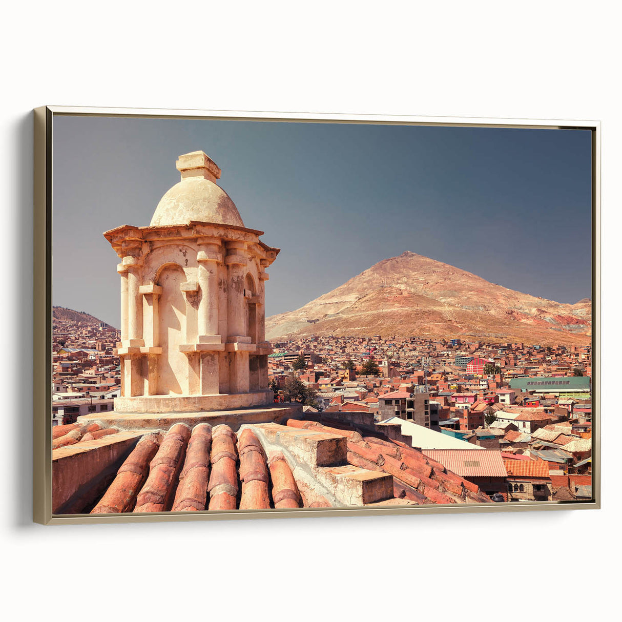 Framed canvas landscape painting of a Bolivian scenery in muted earth tones, ideal for bedroom wall art.