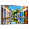 Black and white framed canvas featuring a vintage-style landscape painting of a Brazilian scene, ideal for bedroom wall art.