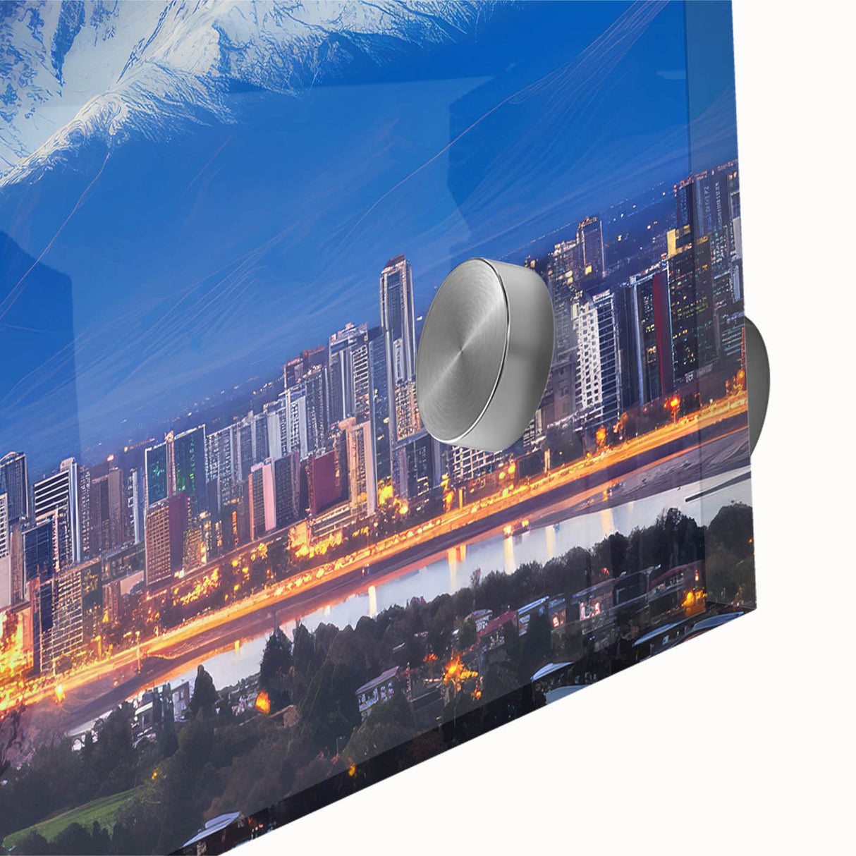Large abstract wall art of Santiago skyline in muted earth tones on acrylic glass, suitable for dining room ambiance.