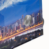 Large abstract wall art of Santiago skyline in muted earth tones on acrylic glass, suitable for dining room ambiance.