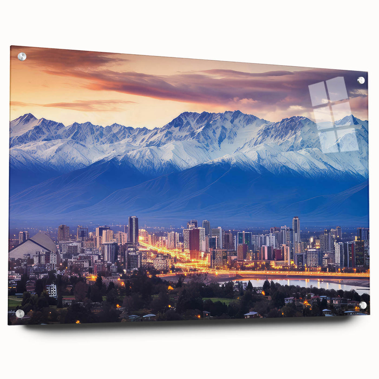 Acrylic print of Santiago, Chile skyline in muted earth tones, ideal for dining room decor.