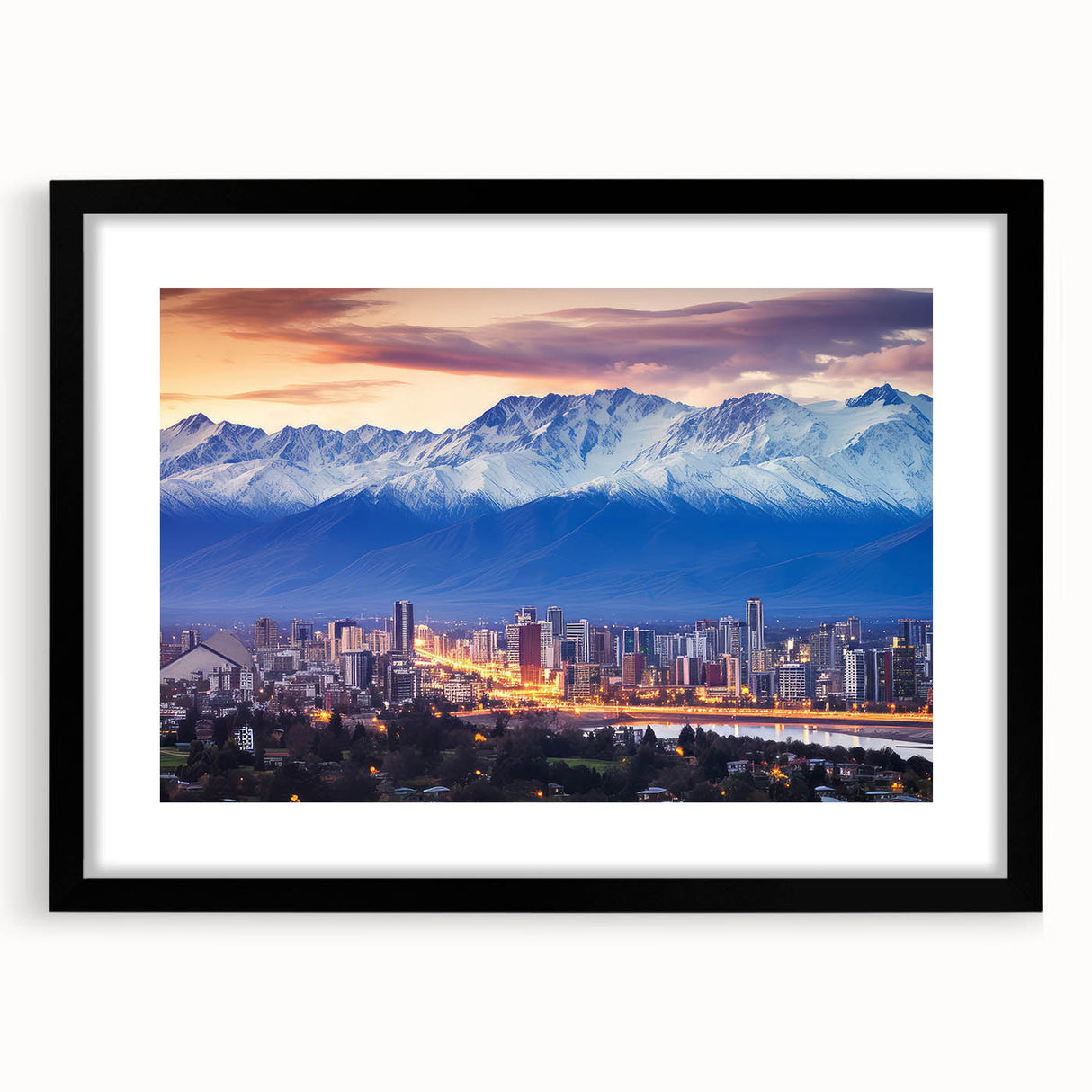 Extra large framed abstract art print depicting a colorful, textured scene of Santiago, Chile, ideal for living room decor.