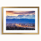 Extra large abstract art print of Santiago skyline in textured tones of gold and brown, framed with a gold mat.