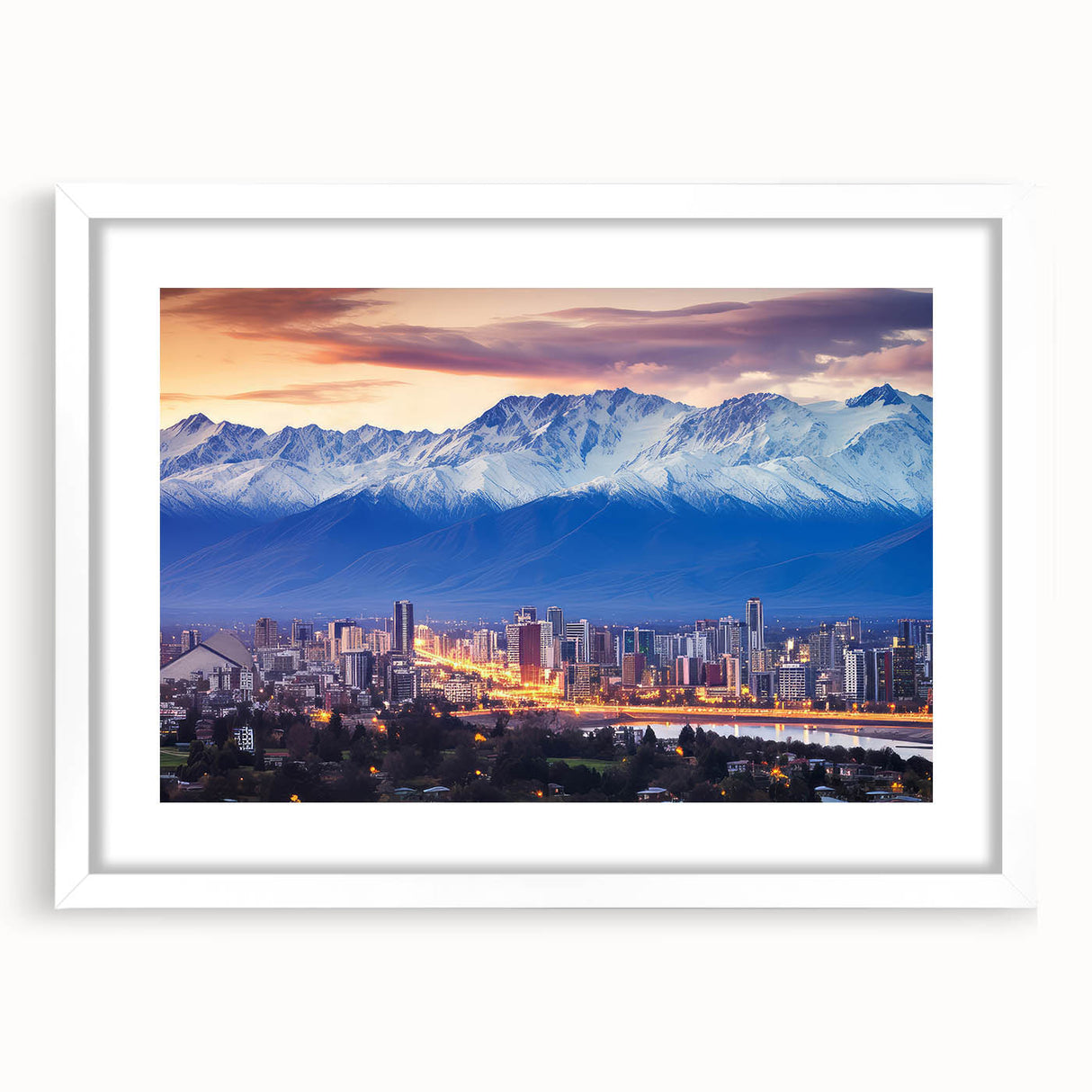 Abstract art print of Santiago skyline with vibrant hues on a framed white mat, ideal for dining room decor.