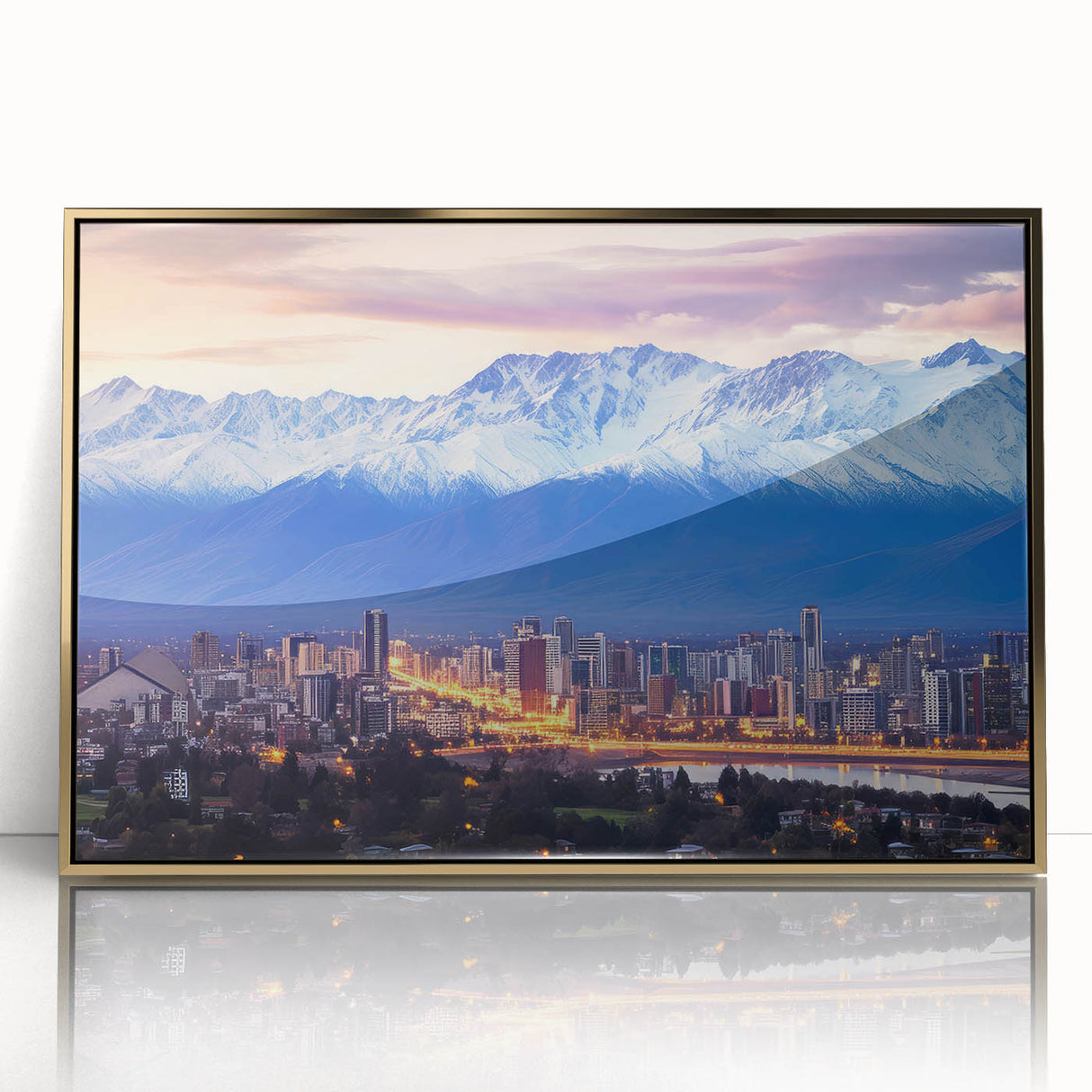 Framed acrylic print of Santiago skyline in muted earth tones, ideal for modern art wall decor.