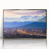 Mid-century modernist art of Santiago skyline in silver frame, using muted earth tones, ideal for modern art wall decor.