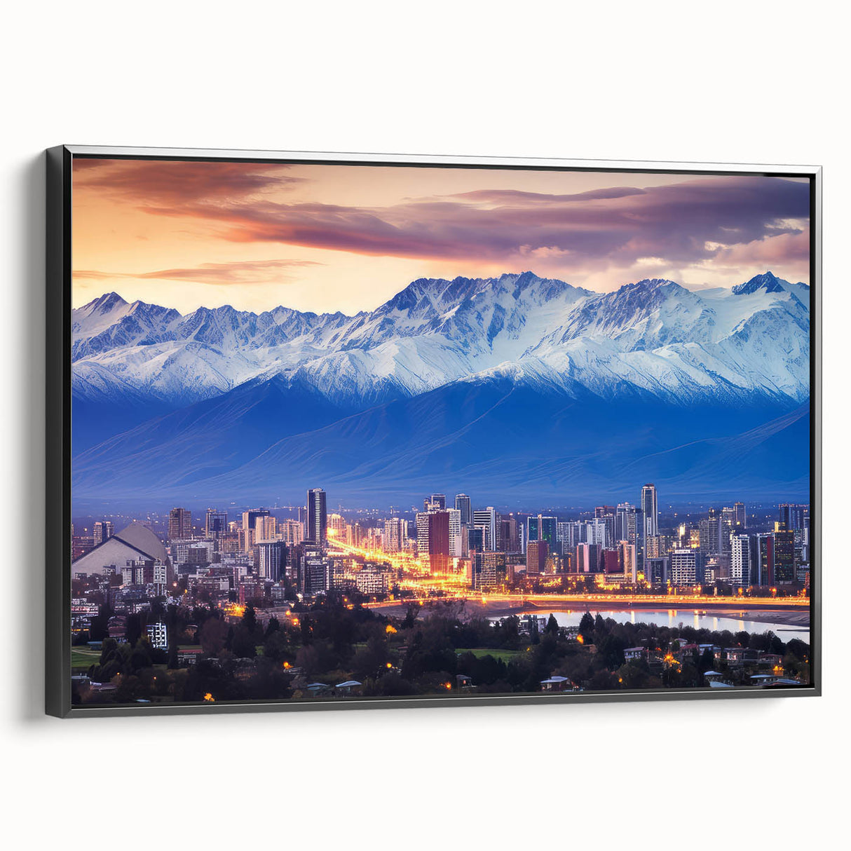 Black and white landscape art painting of Santiago, Chile on framed canvas, ideal for bedroom wall decor.