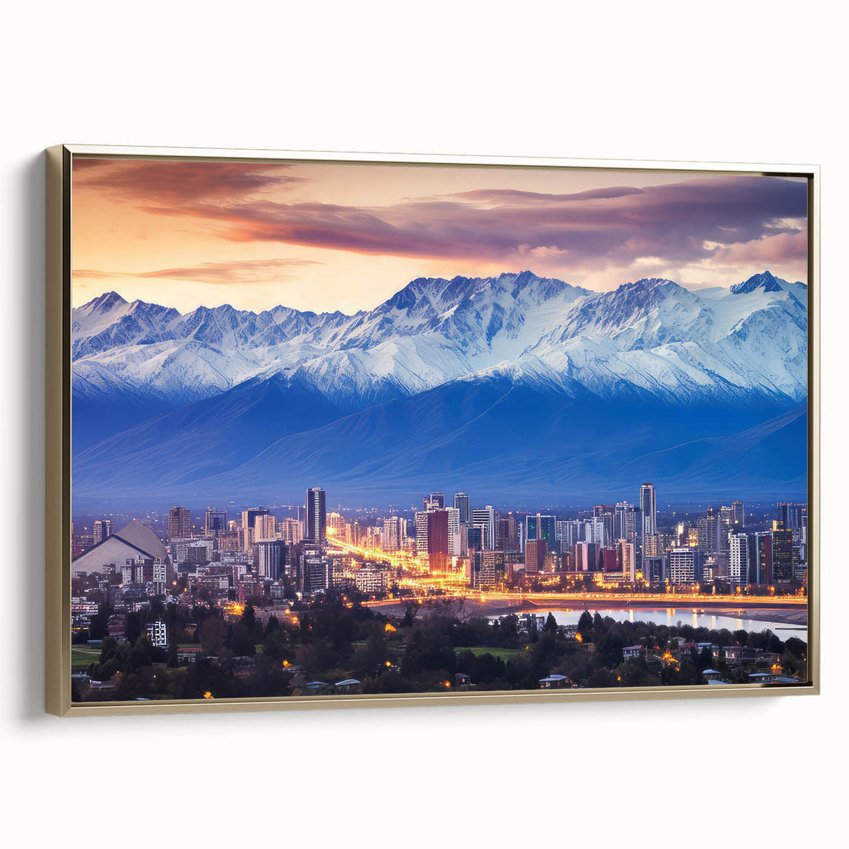 Framed canvas of Santiago, Chile landscape in black and gold tones, suitable for bedroom wall art.