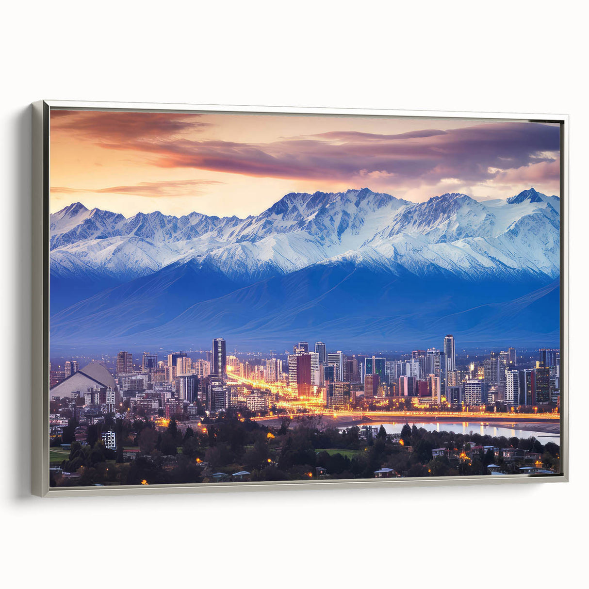 Framed canvas of a vintage-style Santiago, Chile landscape painting with colorful and black elements, ideal for office decor.