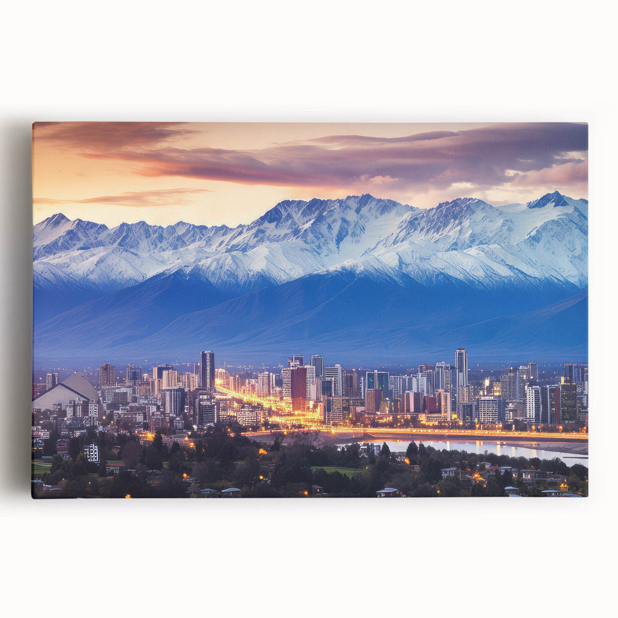 Black and white stretched canvas of Santiago, Chile skyline in minimalist style, suited for kitchen wall art.