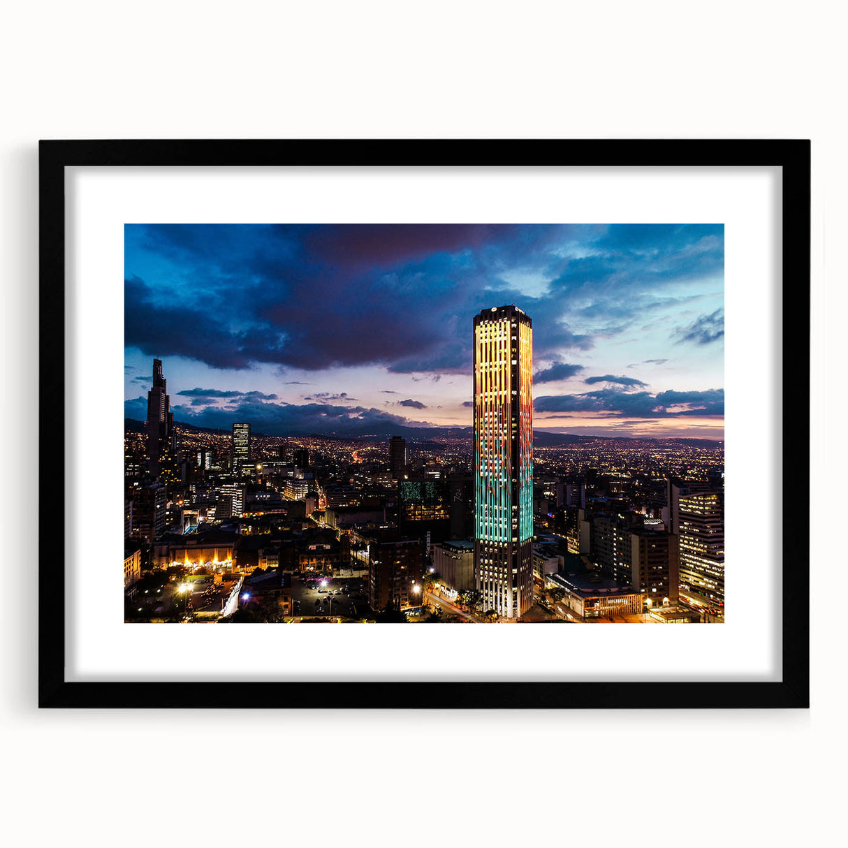 Extra large abstract art print depicting a colorful, textured Colombian landscape on a framed black canvas.