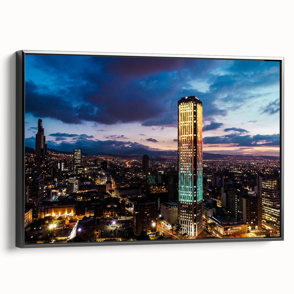 Black and white framed canvas of a Colombian landscape, ideal for bedroom wall art with a vintage poster style.