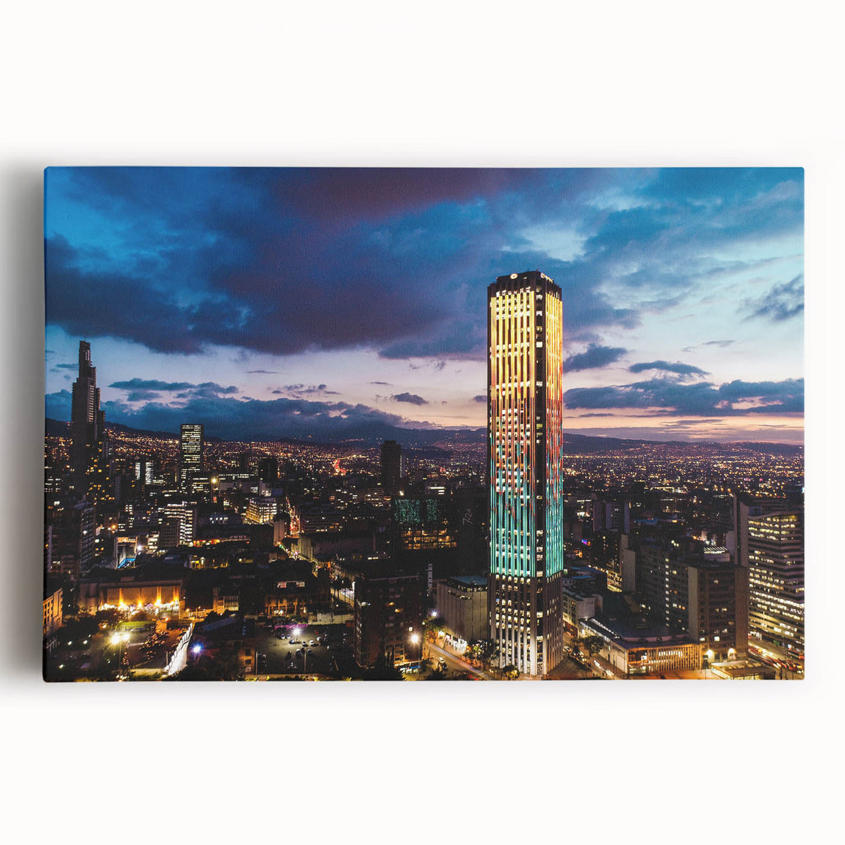 Black and white stretched canvas featuring a panoramic view of a Colombian landscape, ideal for kitchen wall art.