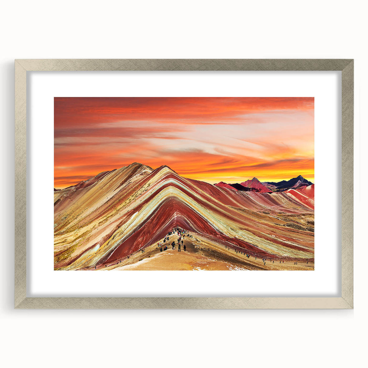 Textured abstract art print of a Peruvian landscape in muted earth tones, framed in silver, ideal for bedroom art.