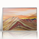 Art deco poster of a Peruvian landscape in muted earth tones on framed acrylic, suitable for modern nursery decor.