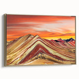 Framed canvas wall art featuring a vintage-style landscape painting of a scenic Peruvian view in black and gold tones.
