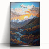 Mid-century modernist art depicting Denali, Alaska in muted earth tones on a framed acrylic, ideal for modern art wall decor.
