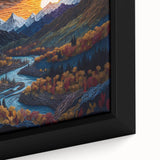 Framed canvas depicting Denali, Alaska in textured black with colorful accents, ideal for living room decor.