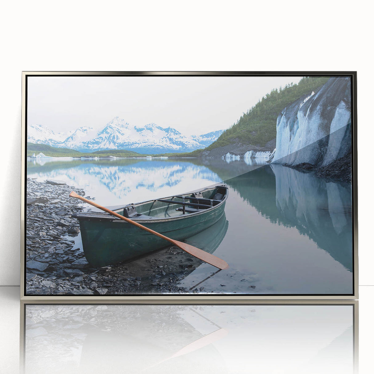 Mid-century modernist art depicting Alaskan wilderness in muted earth tones on a framed acrylic panel.