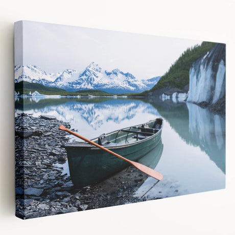 Landscape painting of Alaska featuring snowy mountains and serene lake on stretched canvas, suitable for kitchen wall art.