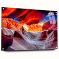 Large abstract wall art of Arizona's Antelope Canyon in vibrant red and orange hues on acrylic glass.