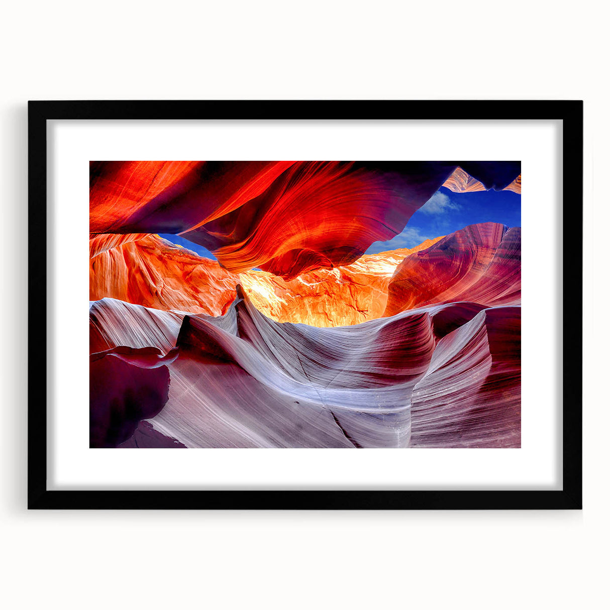 Extra large framed abstract art print of Antelope Canyon in vibrant orange and red hues, ideal for living room decor.