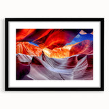 Extra large framed abstract art print of Antelope Canyon in vibrant orange and red hues, ideal for living room decor.
