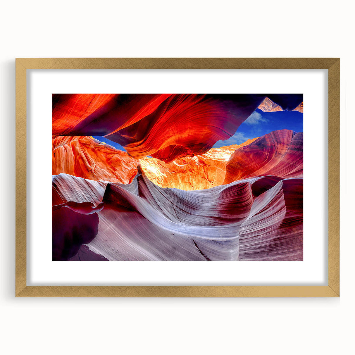 Extra large abstract art print of Antelope Canyon in Arizona with gold frame, ideal for living room decor.