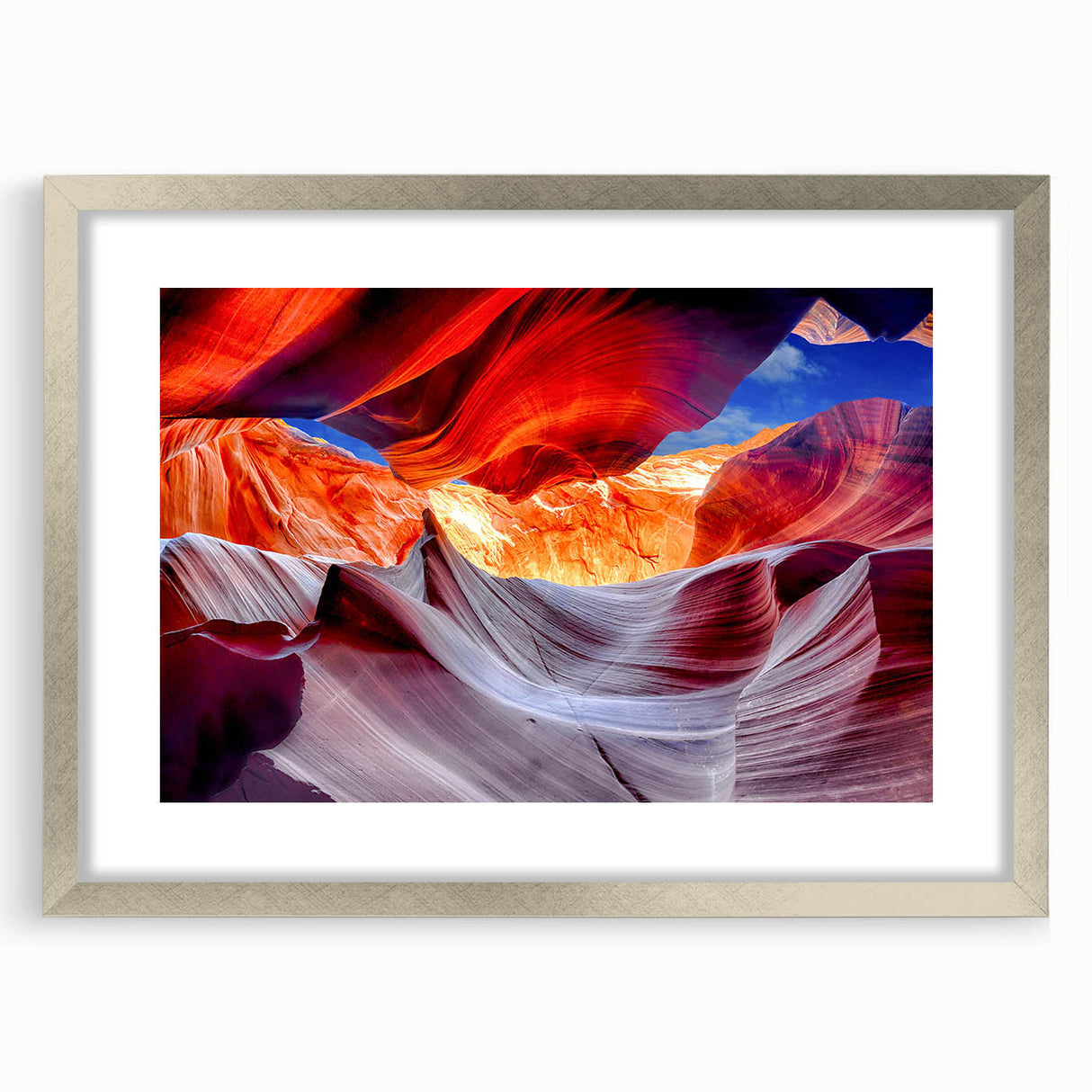 Textured art of Arizona's Antelope Canyon in abstract style with earthy red and orange tones on a silver-framed mat.
