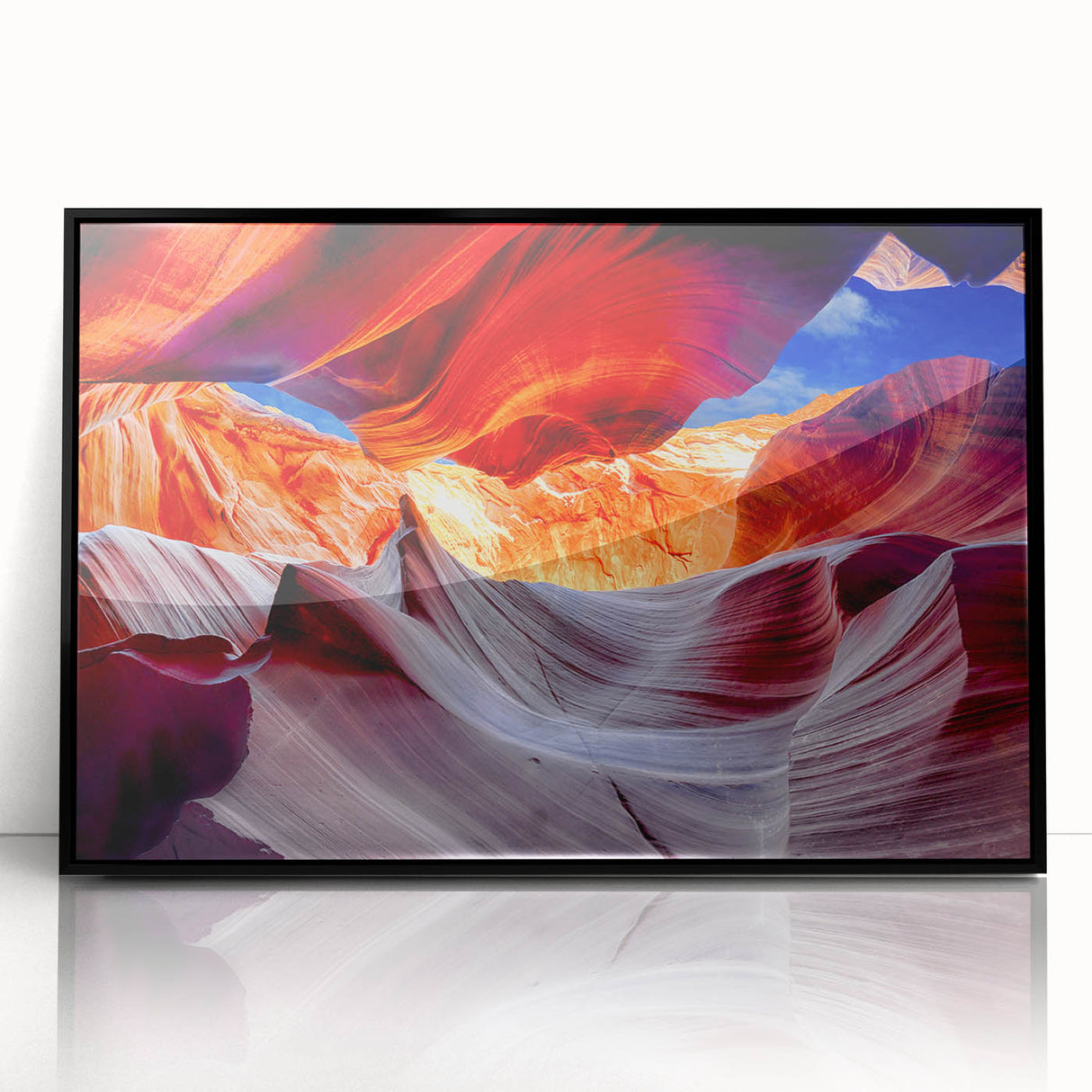 Large abstract wall art depicting Arizona's Antelope Canyon in muted earth tones on a framed acrylic.