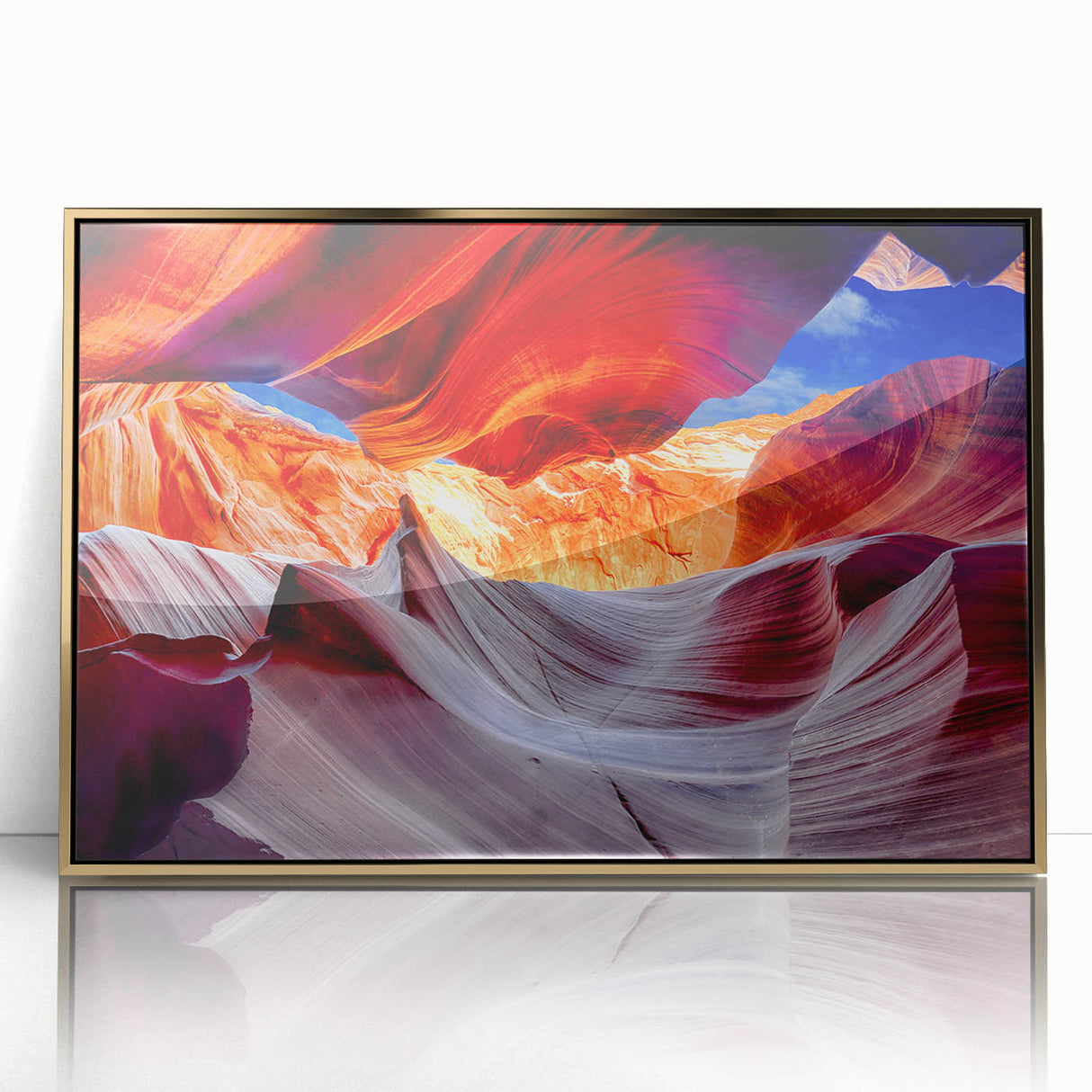 Mid-century modernist style acrylic print of Arizona Antelope Canyon in warm earth tones, ideal for modern art wall decor.