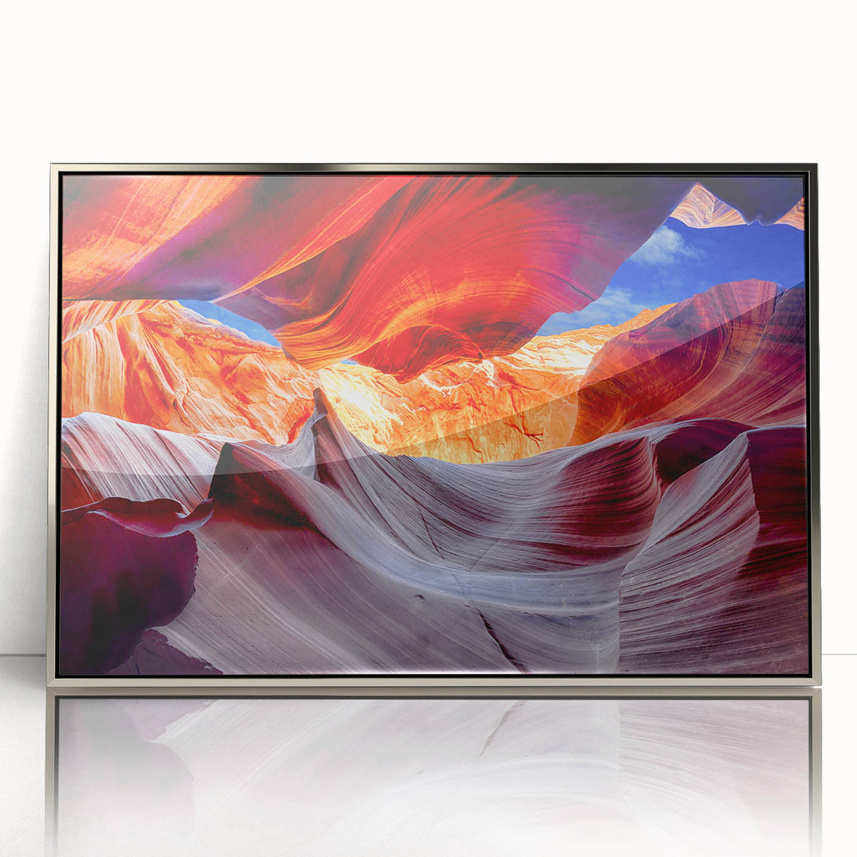 Mid-century modernist art of Antelope Canyon in Arizona, featuring earthy red and orange tones on a framed acrylic print.