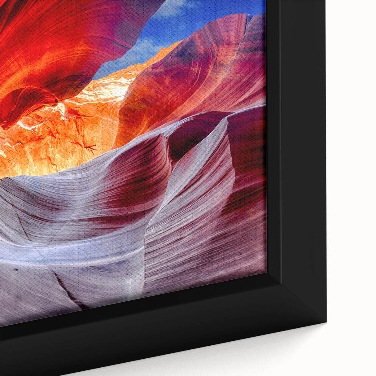 Extra large framed canvas featuring a textured depiction of Arizona's Antelope Canyon in black with colorful art accents.