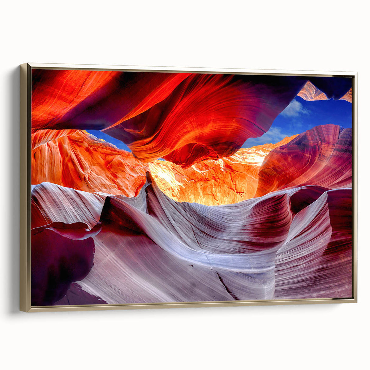 Framed canvas of Antelope Canyon in Arizona, featuring golden light and dark rock formations, ideal for bedroom wall art.