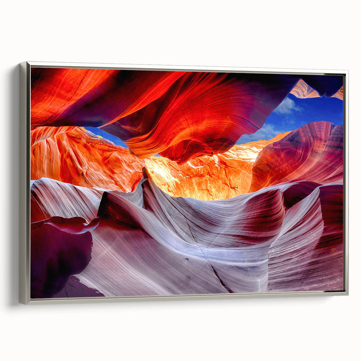 Framed canvas landscape art painting of Antelope Canyon in Arizona, featuring vibrant red and orange tones.