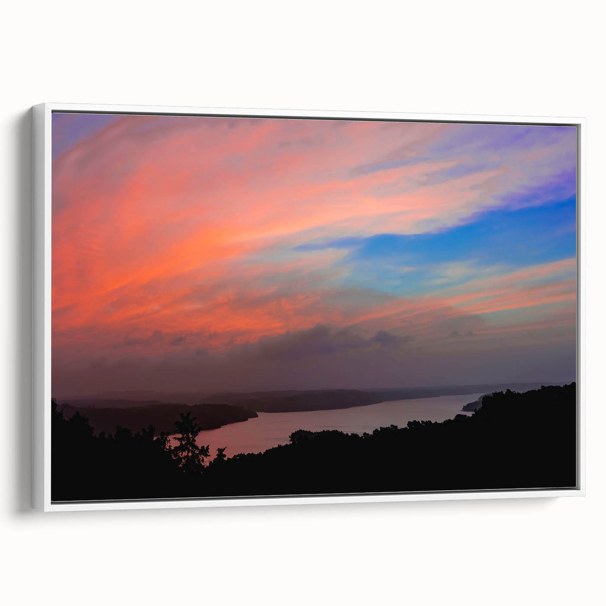 Vintage poster art of Arkansas scenery on extra large framed canvas, featuring colorful art against a black background.