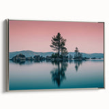 Framed canvas depicting Lake Tahoe landscape with lush greenery and blue waters, in a vintage poster style.
