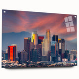 Acrylic print of Los Angeles skyline in muted gray and blue tones, ideal for modern bedroom ambiance.