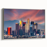 Framed canvas landscape art painting of Los Angeles skyline in vibrant twilight hues, ideal for modern living room decor.