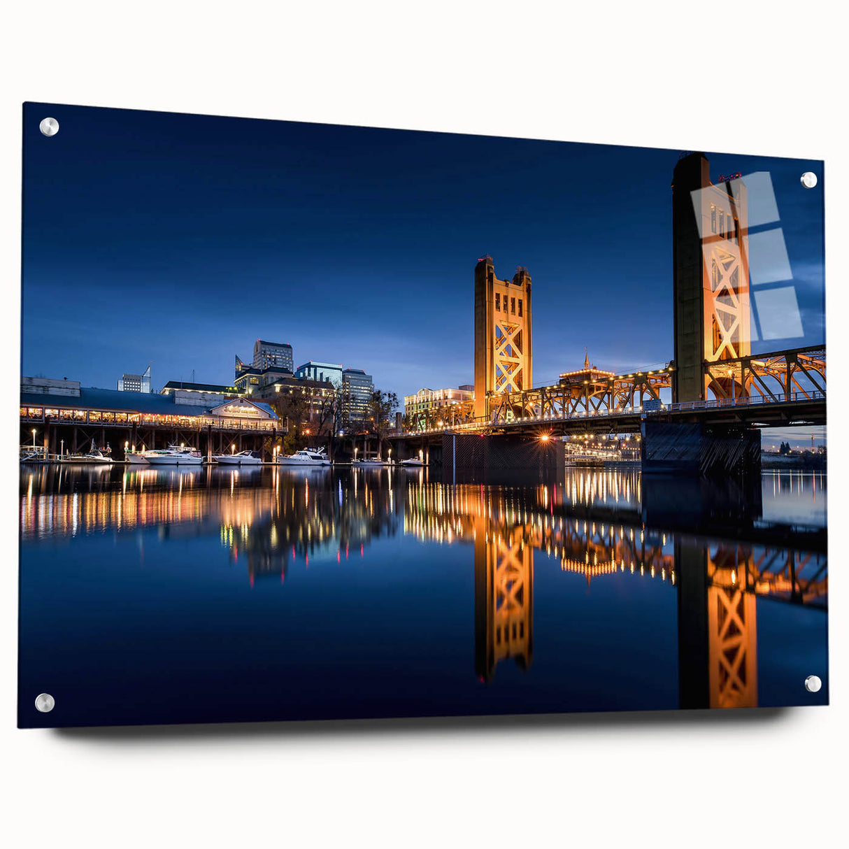 Acrylic print of Sacramento scenery in soft green and blue tones, suitable for dining room decor.