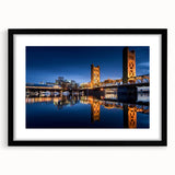 Colorful abstract art print of Sacramento scenery on a textured, extra-large canvas, framed in black.