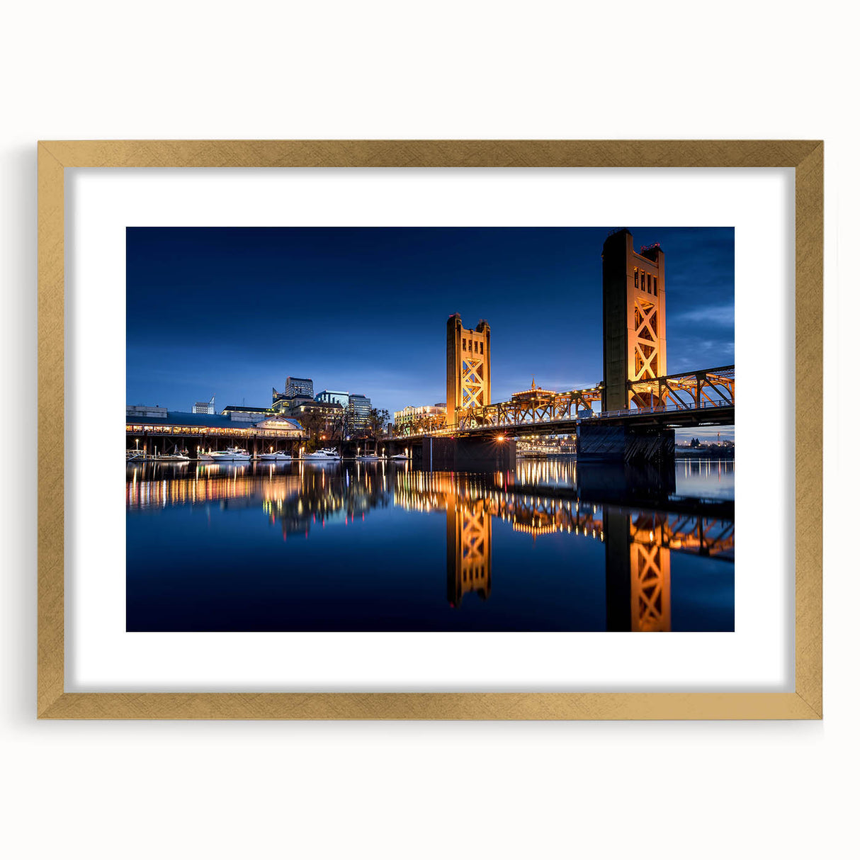 Extra large abstract art print of Sacramento scenery in textured gold frame, suited for living room decor.